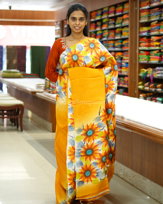 Yellow Handpainted Murshidabad Tussar - PD588