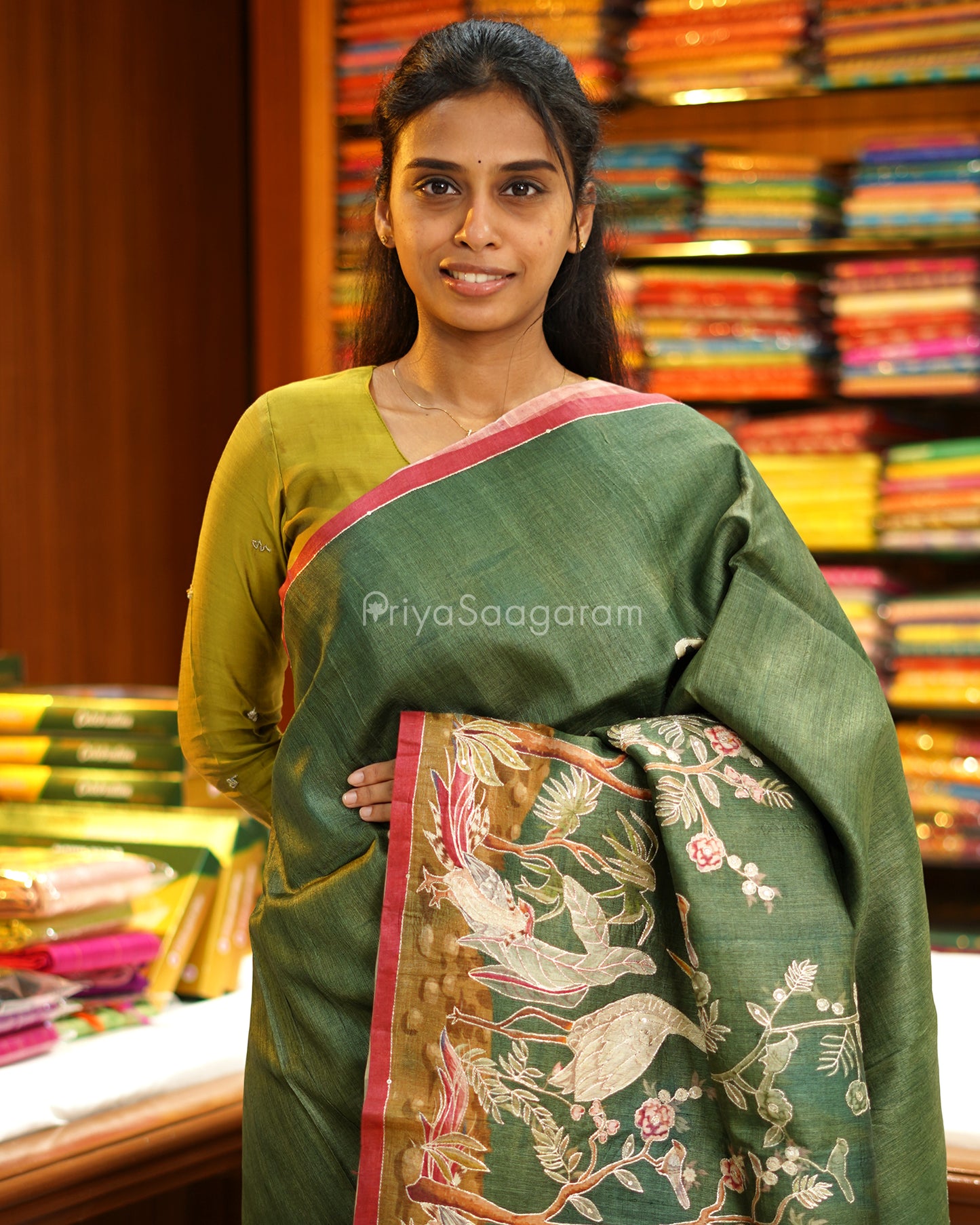 Bottle Green Aari Work Tussar - PC3398