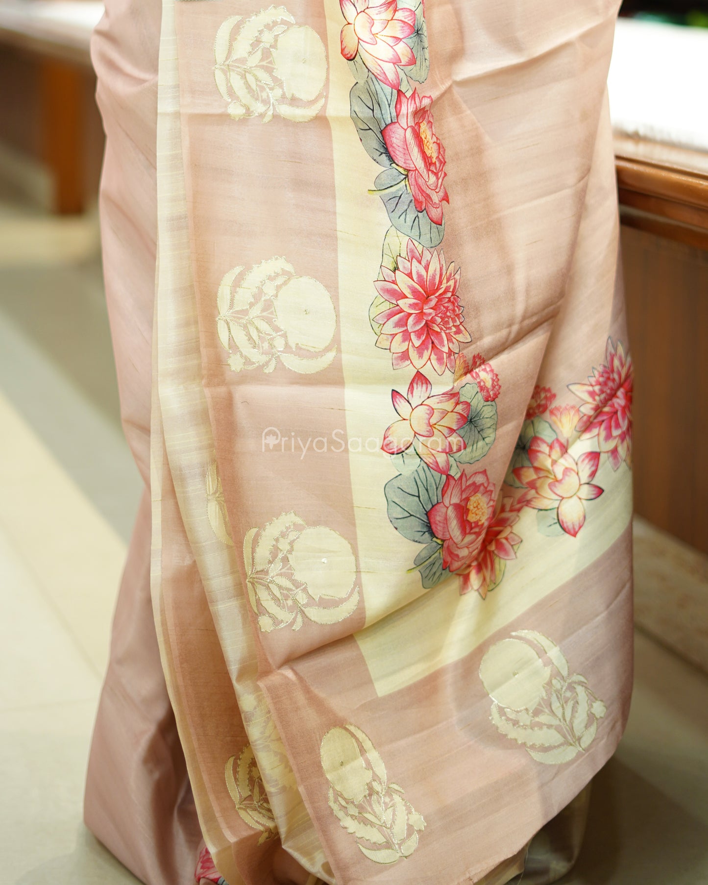 Nude Pink Floral Aari Work Tussar - PD802