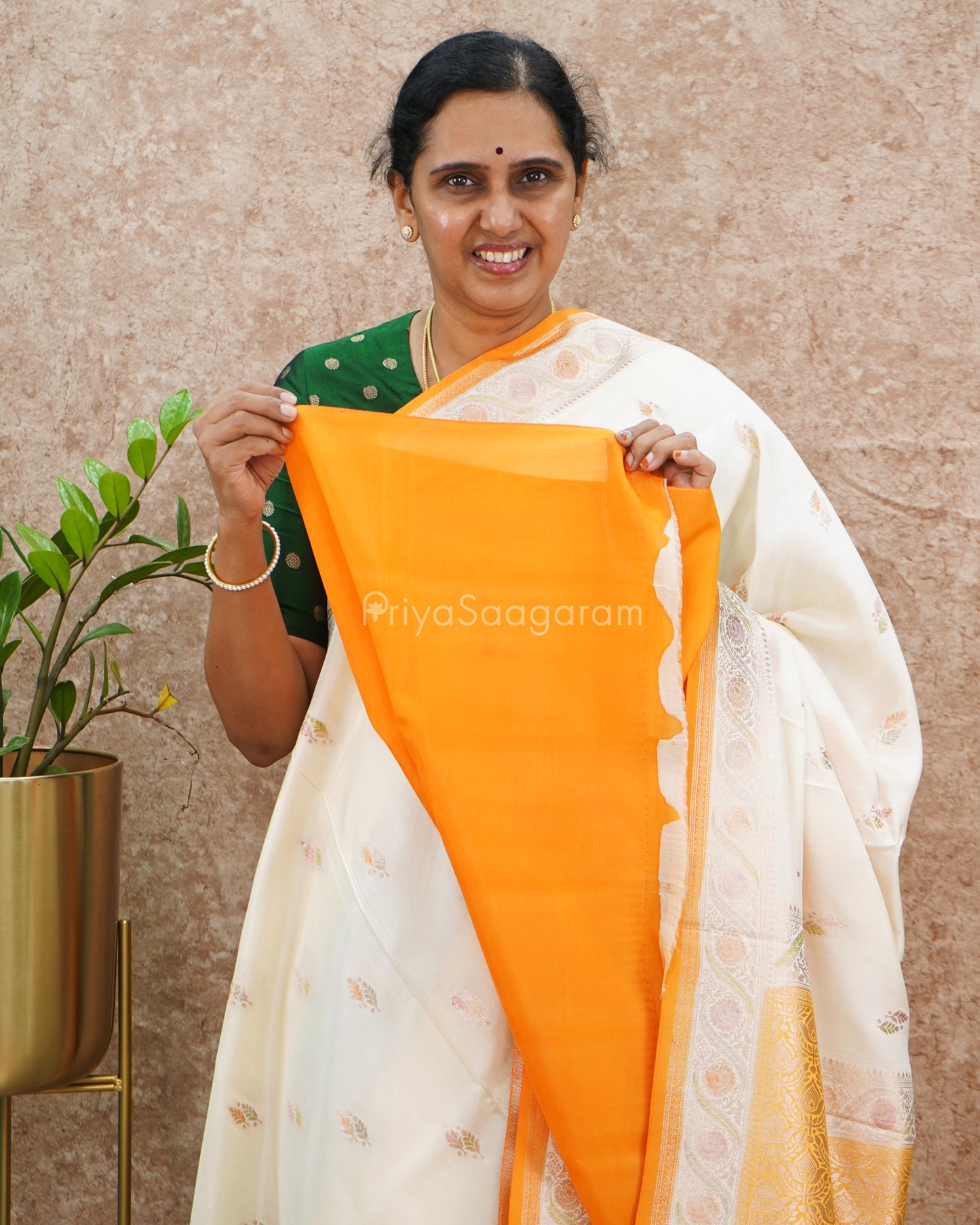 Cream Orange Minakari Chinya Silk - PD4637