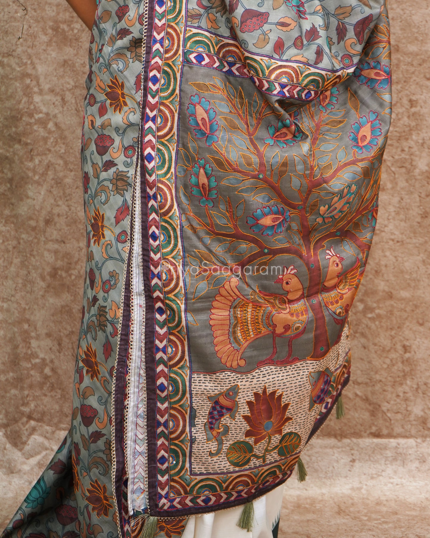 Grey Shade Kalamkari Embroidery Tussar - PD633
