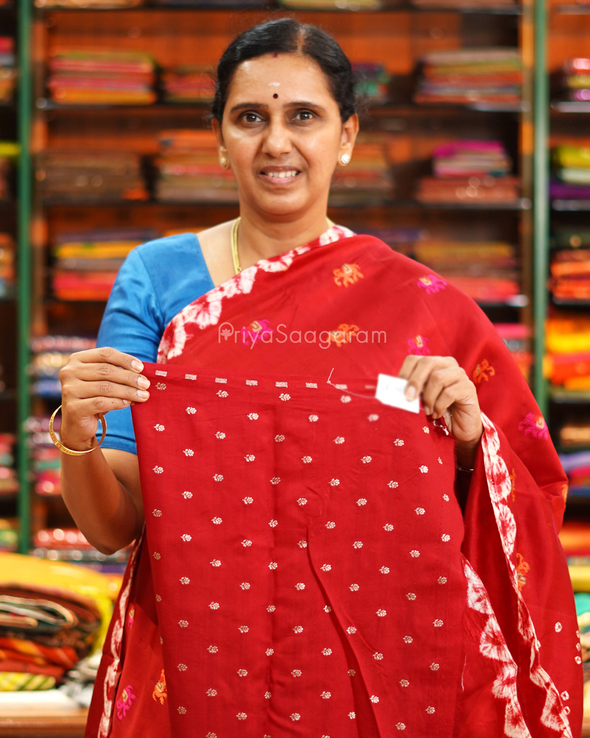 Red Embroidery Bandhani Raw Mango Silk - PE6490