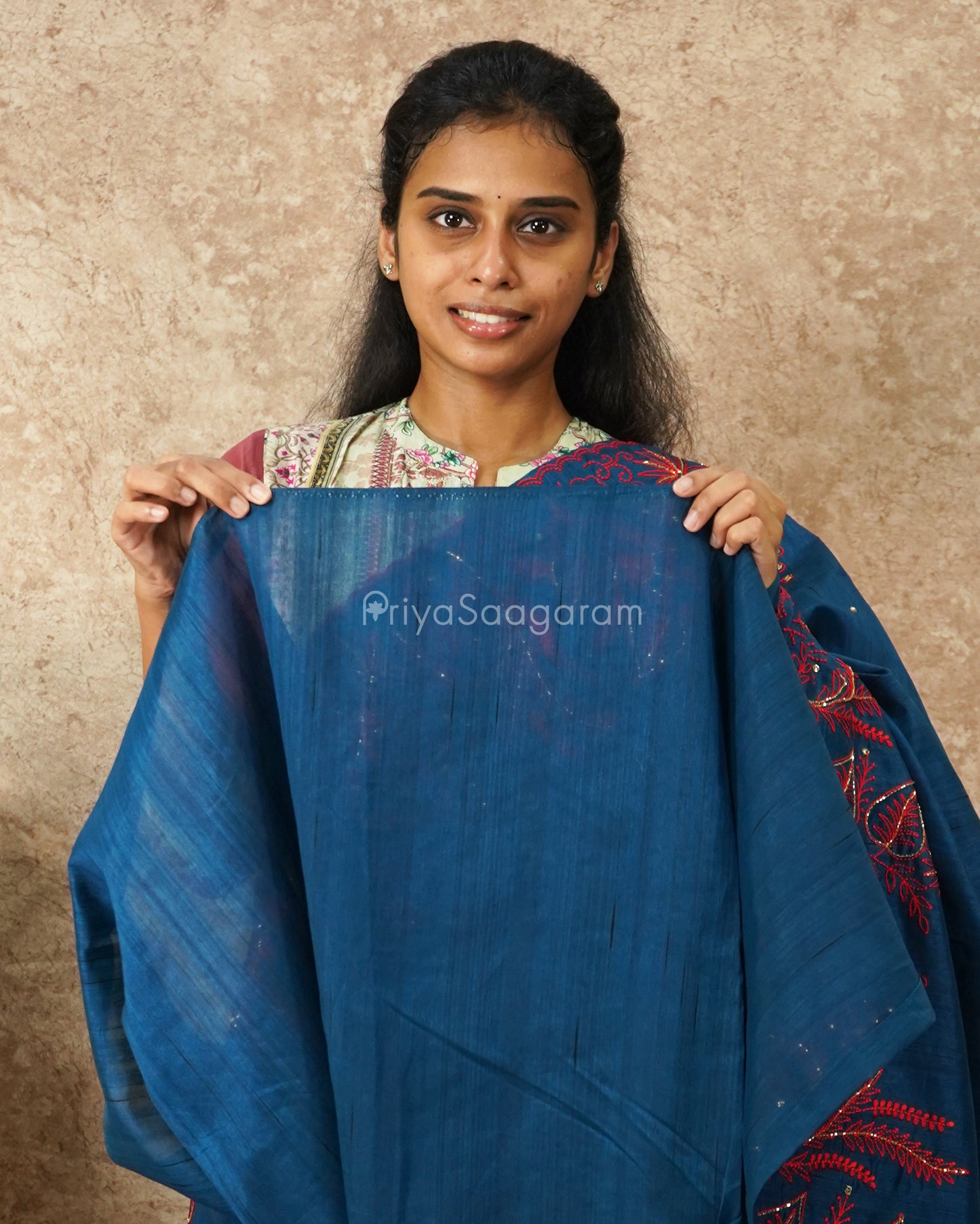 Blue with Red Embroidery Tussar - PD4633