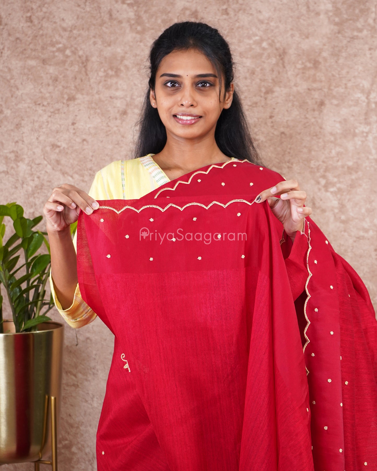 Chilli Red Stone Work Tussar - PD5018