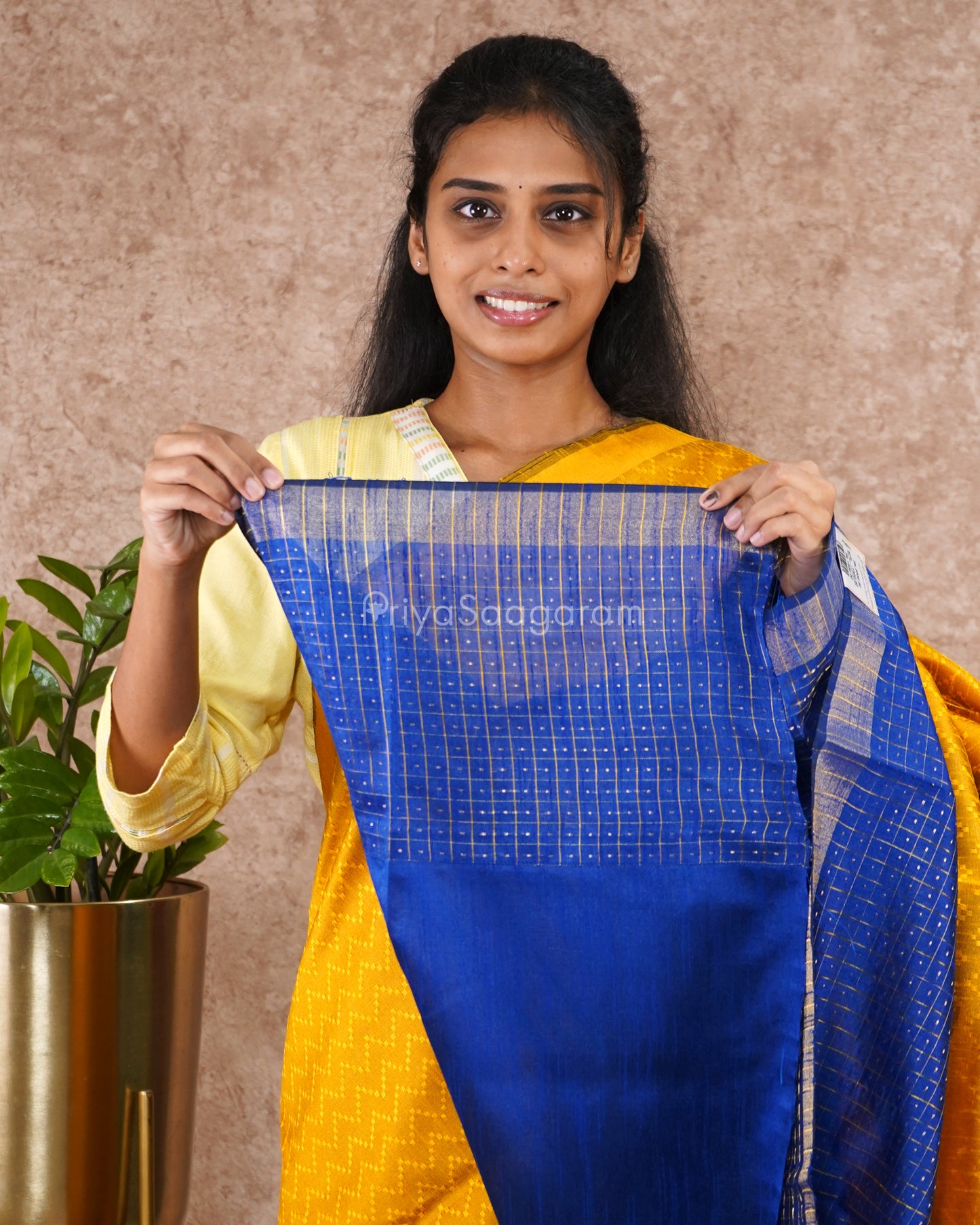 Bright Yellow Blue Dupion Tussar - PD5572