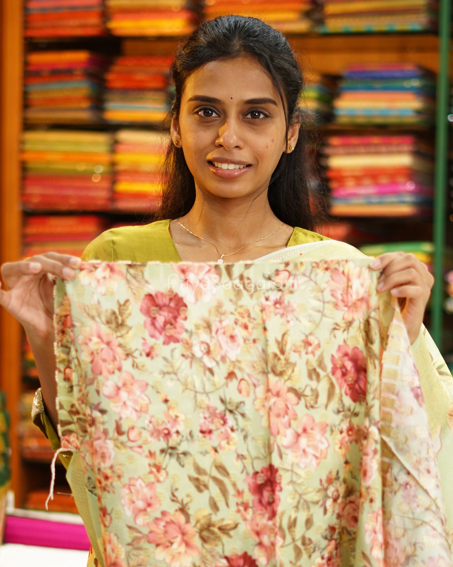 Pistachio Green Floral Chiniya Silk - PD987
