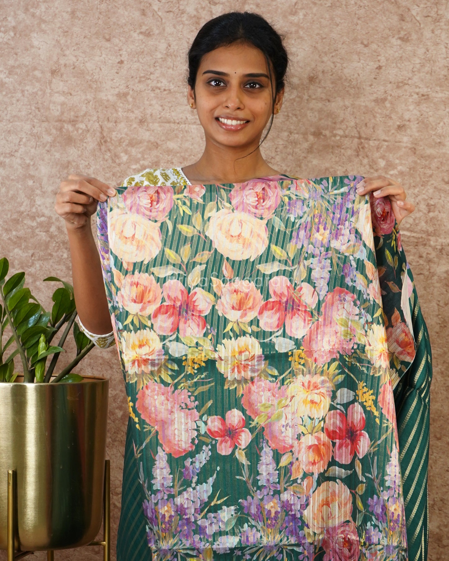 Dark Green Floral Tussar - PD1971