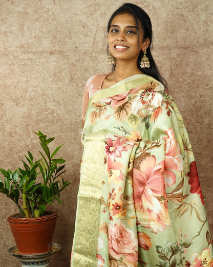 Light Green Floral Chiniya Silk - PD987