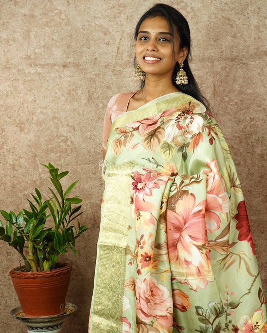 Light Green Floral Chiniya Silk - PD987