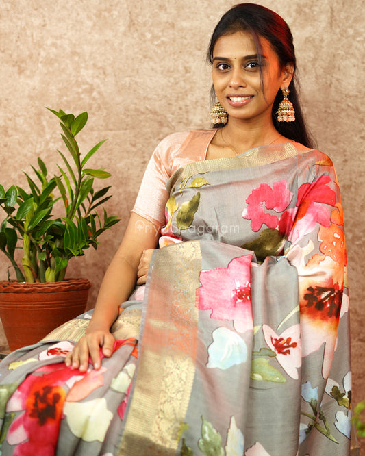 Dark Grey Floral Chiniya Silk - PD990