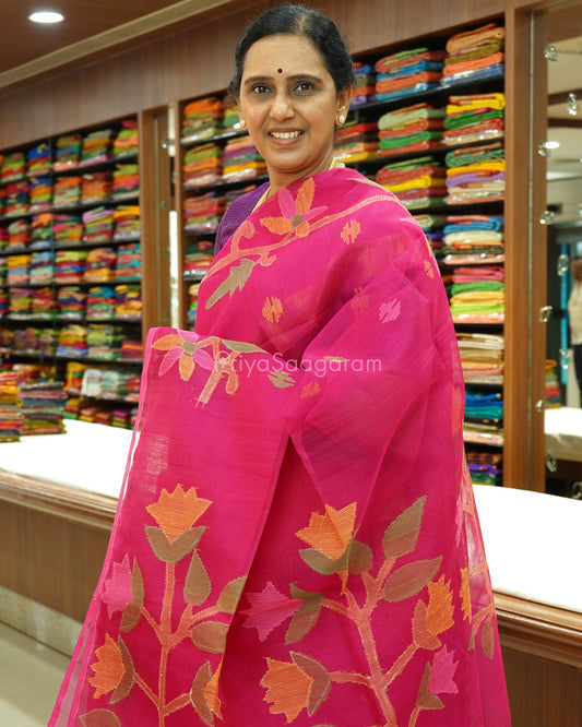 Rani Pink Jamdani Muslin Organza - PD257
