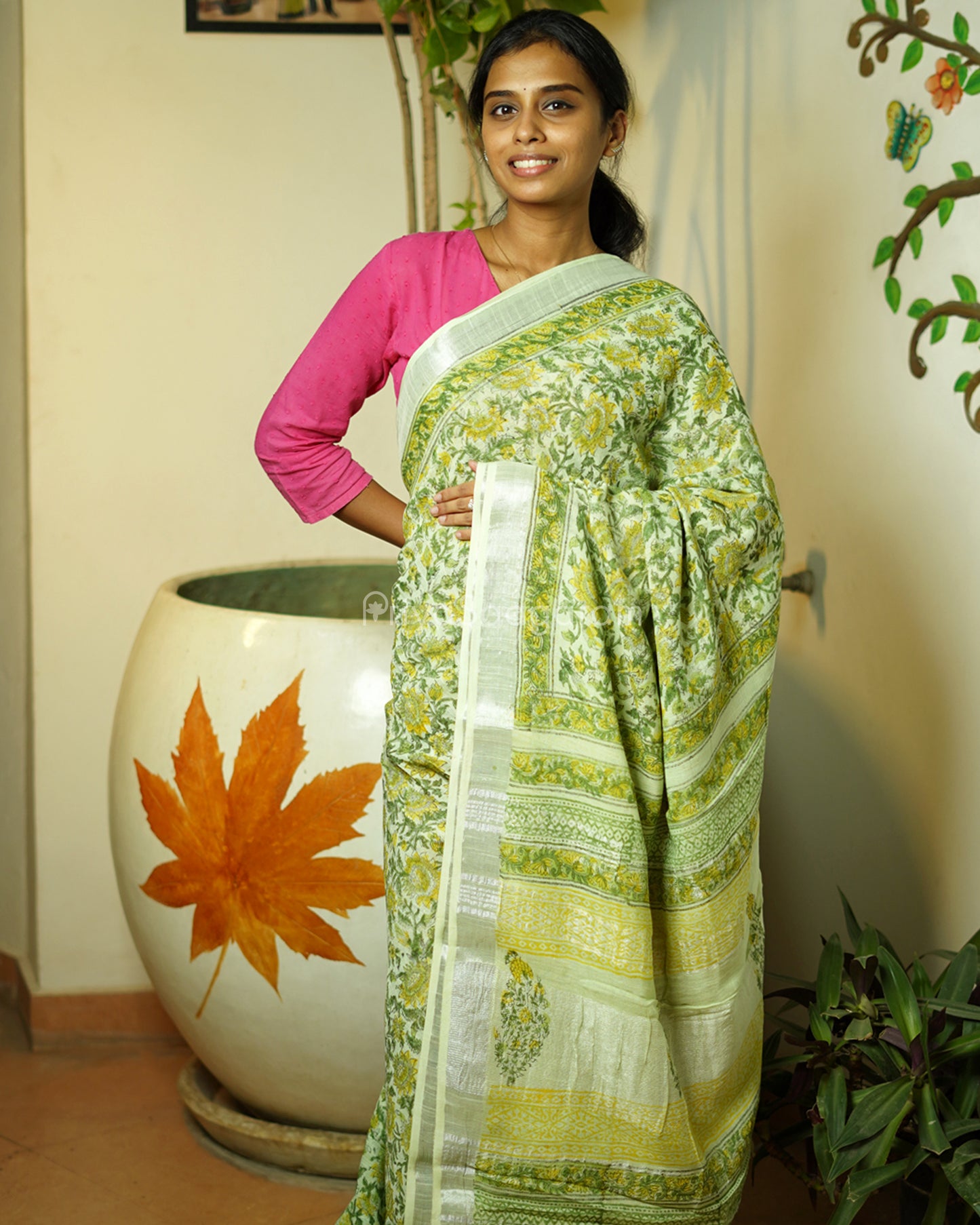 Green Floral Blockprint Linen - PC2751