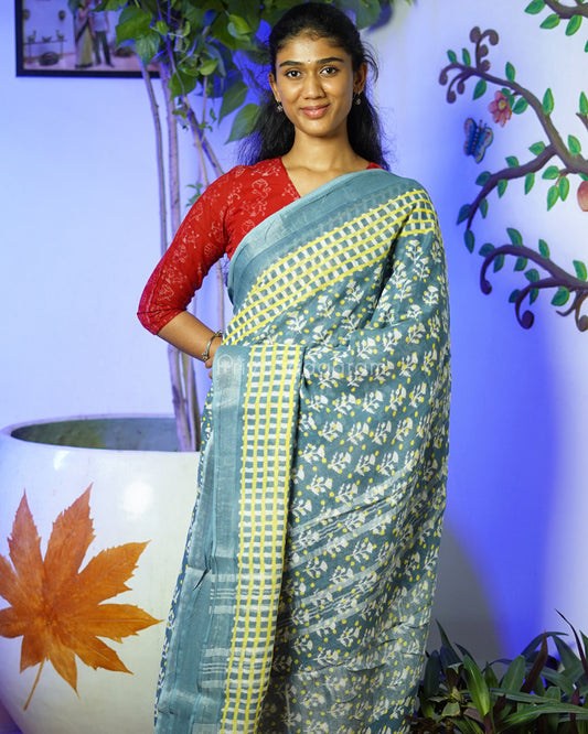 Blue Grey Floral Blockprint Linen - PD264