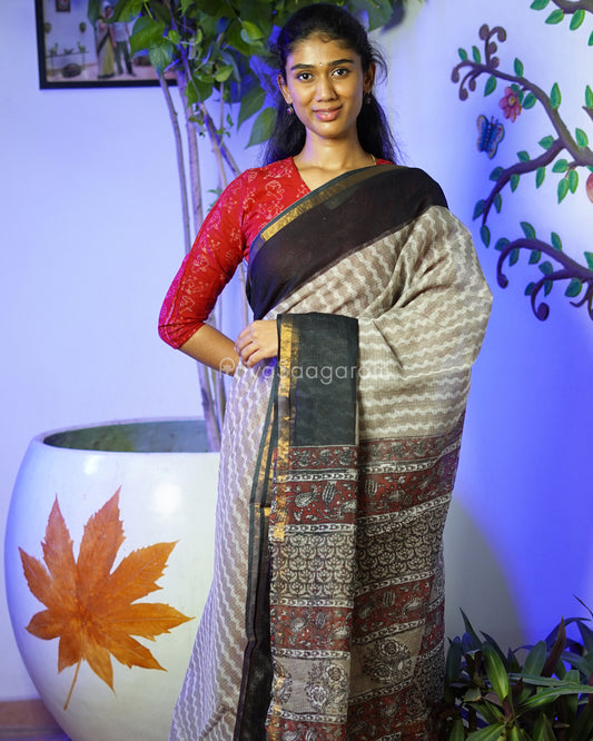 Grey Dabu Print Kota Doria - PD317