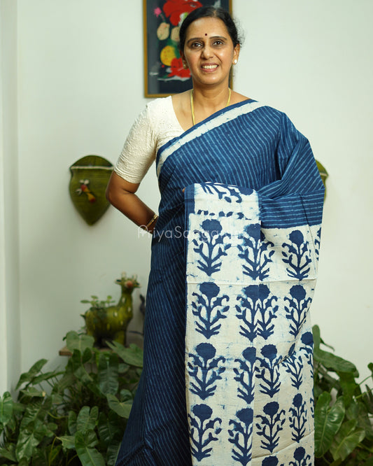 Indigo Striped Blockprint Pure Cotton - PD371