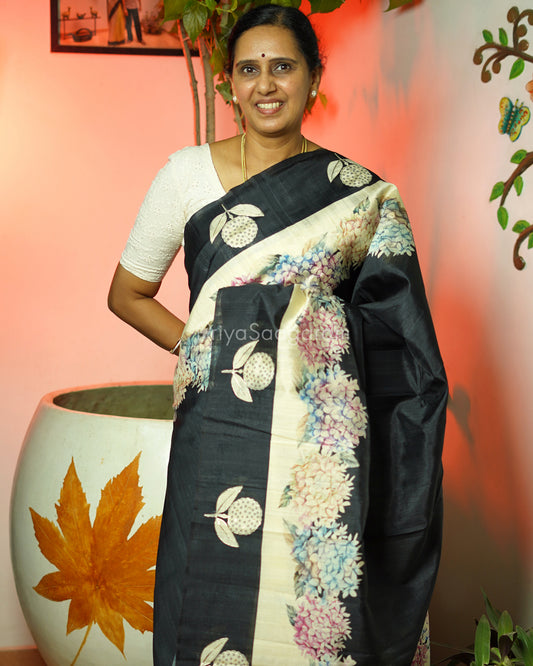 Black Floral Embroidery Tussar - PD803