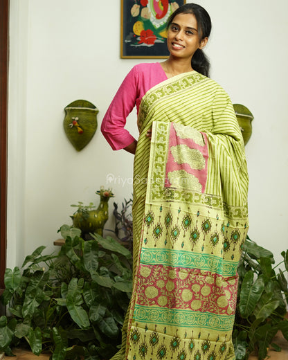 Green Striped Blockprint Pure Cotton - PD374
