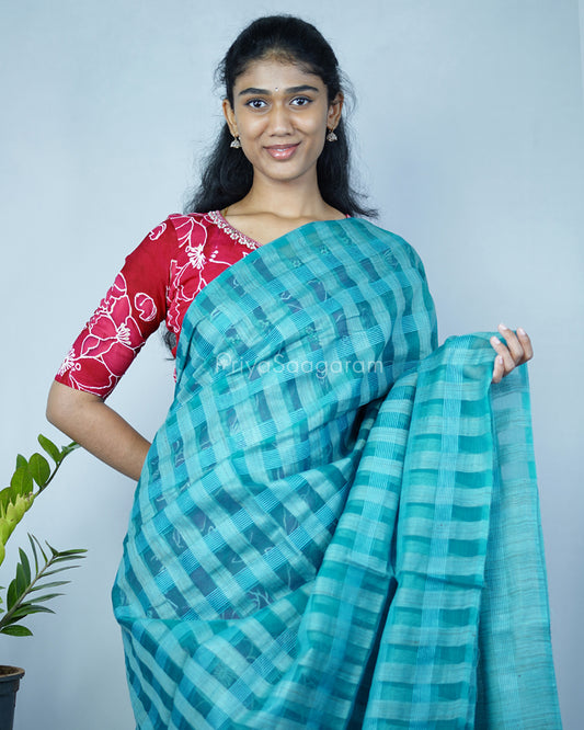 Sea Green Checked Tussar Organza - PD1204