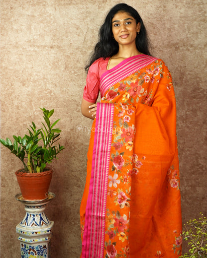 Orange Pink Silk Cotton Kota - PD836