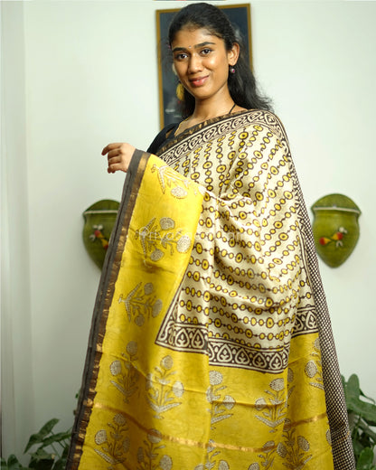Black Yellow Bagru Print Chanderi - PD366