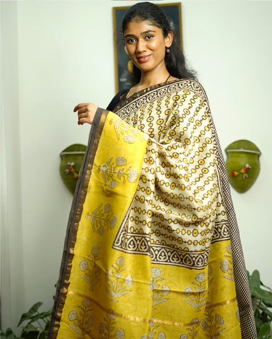Black Yellow Bagru Print Chanderi - PD366