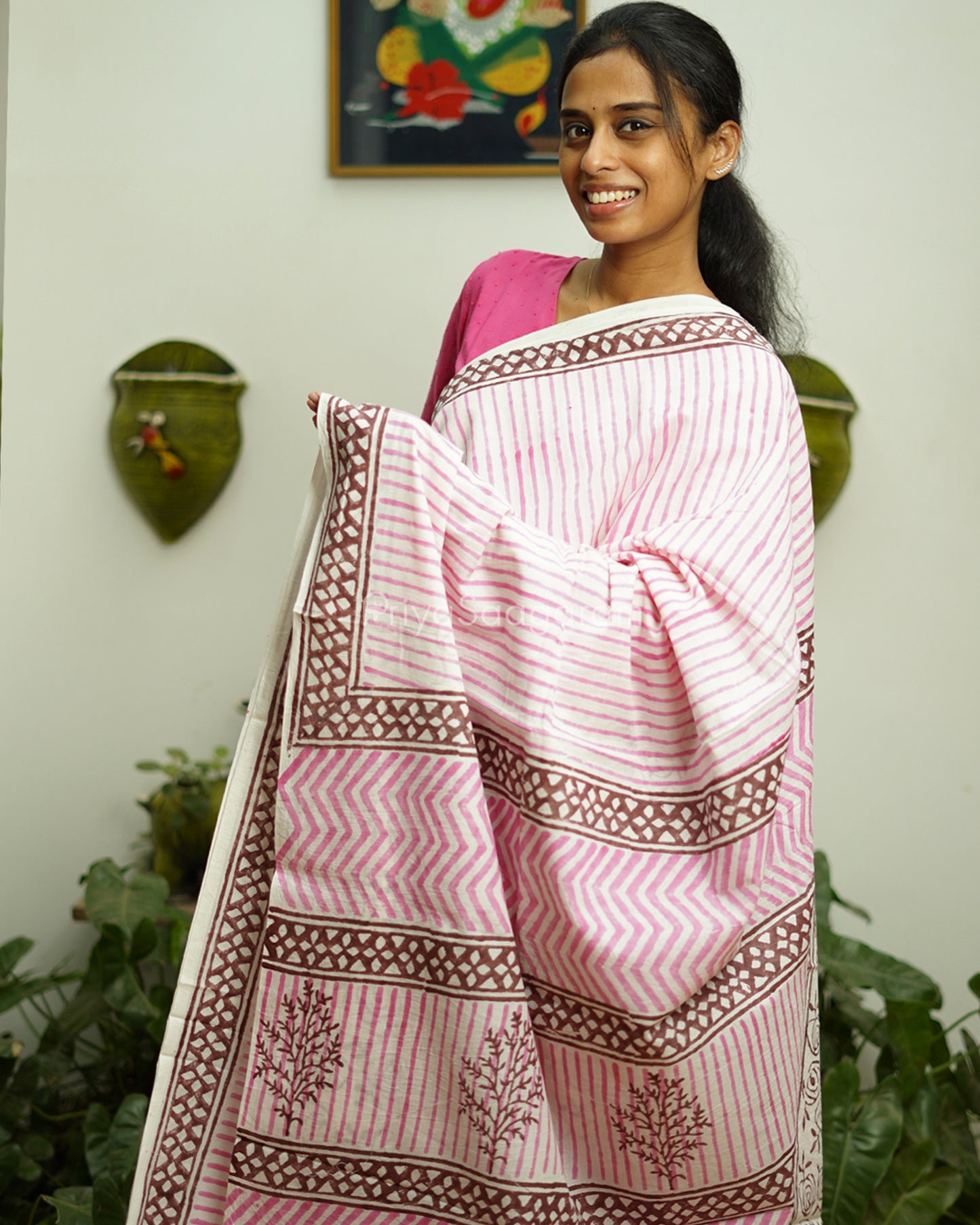 Pink Striped Blockprint Pure Cotton - PD382