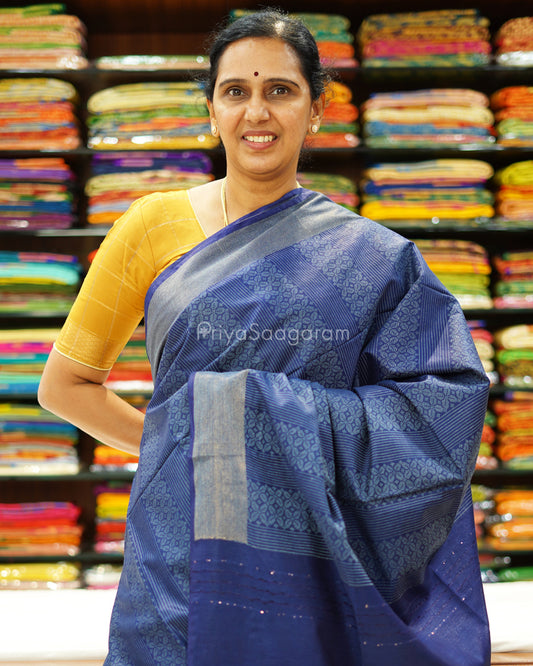 Navy Blue Print Tussar - PD1329