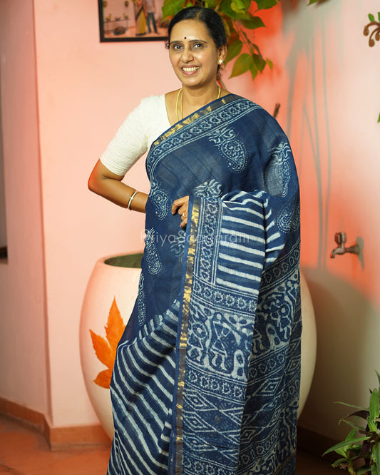 Indigo Dabu Print Kota Doria - PD315