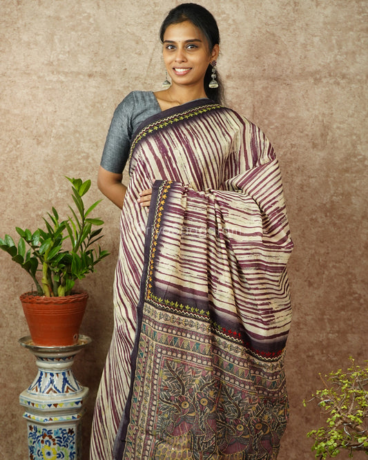 Cream Purple Embroidery Chanderi - PD714