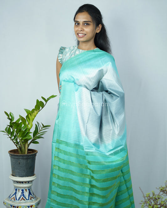 Grey Turquoise Blue Tussar Organza - PD1218