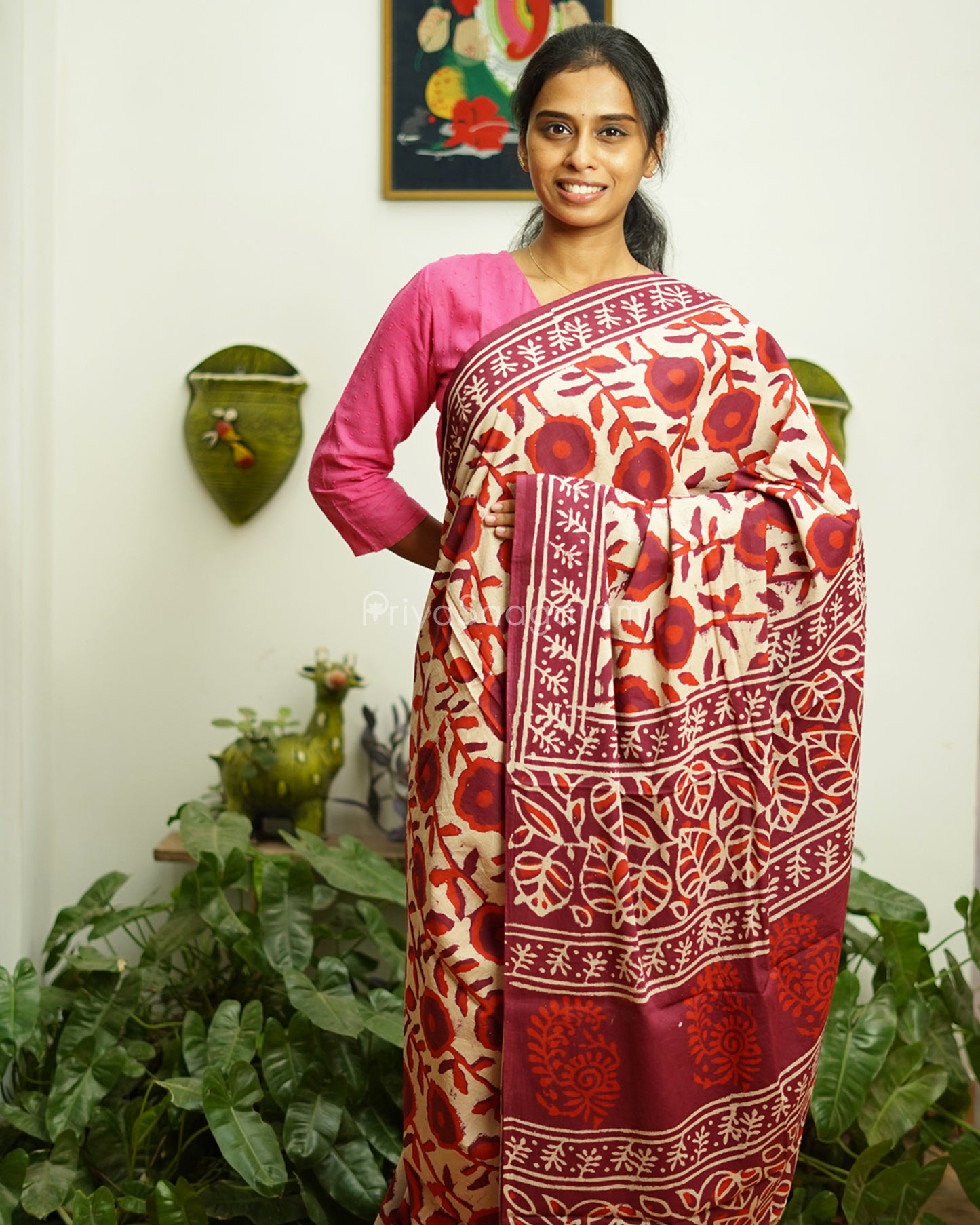 Maroon Floral Blockprint Pure Cotton - PD305