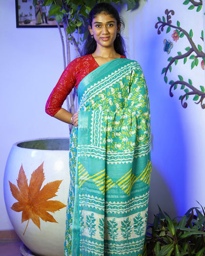Blue Green Floral Blockprint Linen - PD267