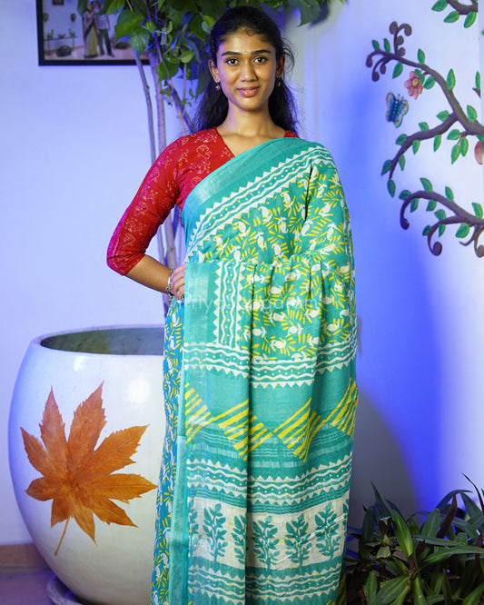 Blue Green Floral Blockprint Linen - PD267