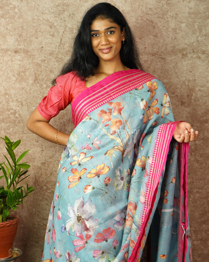 Blue Pink Silk Cotton Kota - PD834