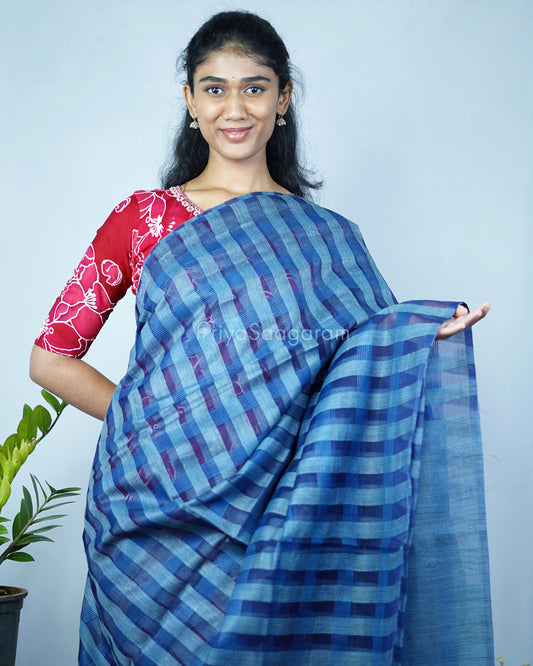 Dark Blue Checked Tussar Organza - PD1202