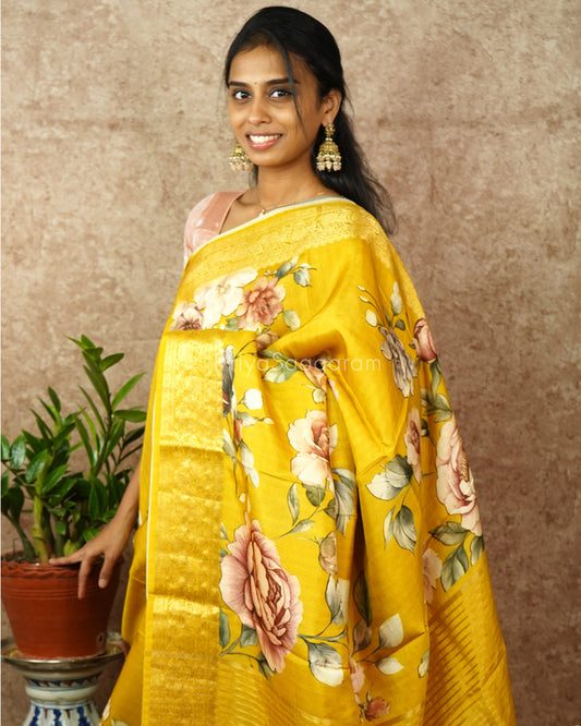 Yellow Floral Chiniya Silk - PD988