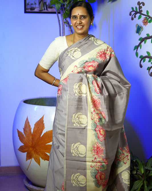Grey Floral Embroidery Tussar - PD800