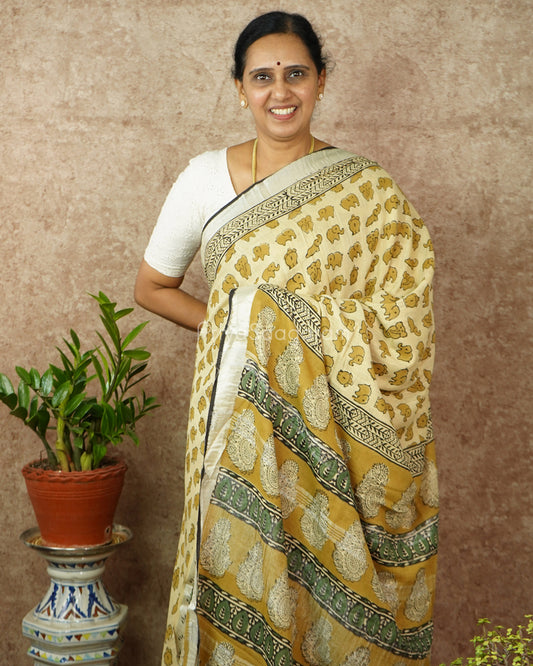Mustard Elephant Blockprint Linen - PD275