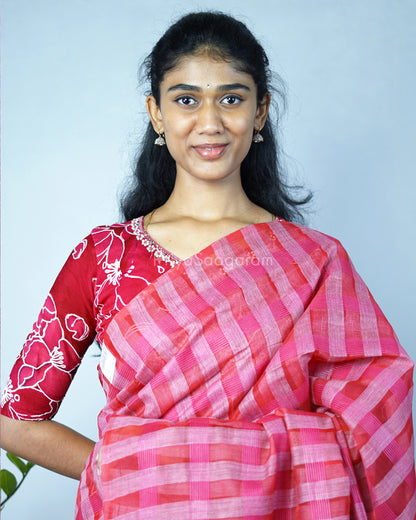 Rouge Pink Checked Tussar Organza - PD1201