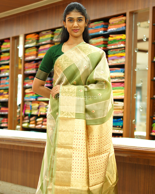 Elaichi Green Tissue Kora Silk - PD723