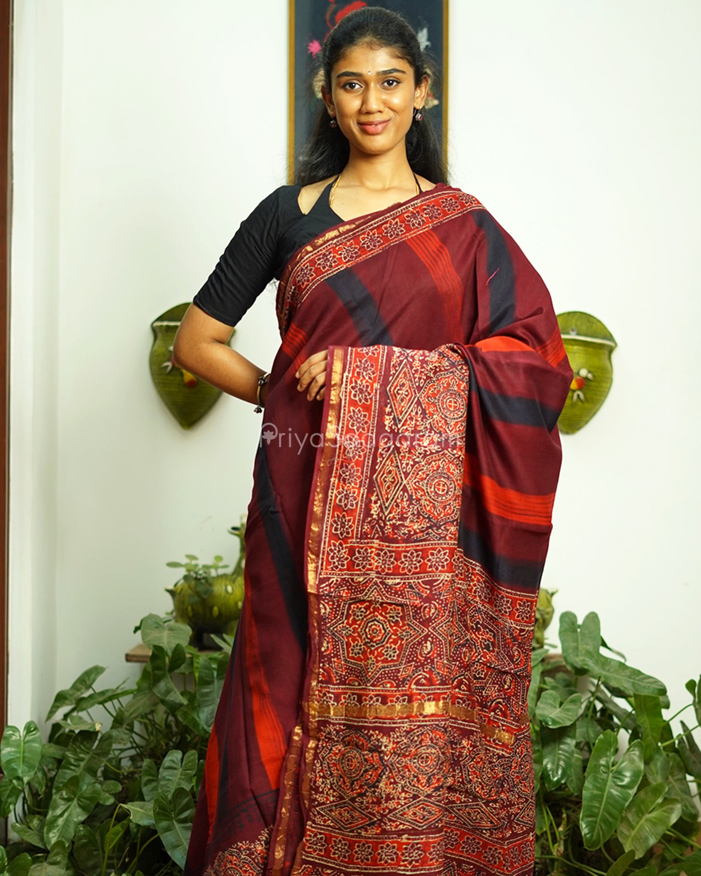 Shaded Maroon Bagru Print Chanderi - PD362