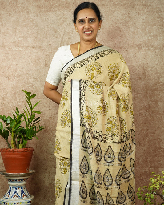 Mustard Peacock Blockprint Linen - PD263