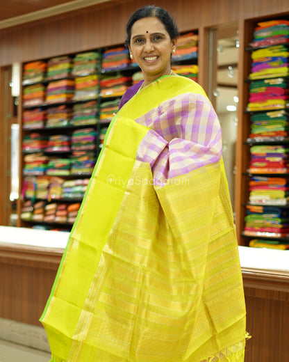 Lavender Checked Gadwal Silk Cotton - PD1426