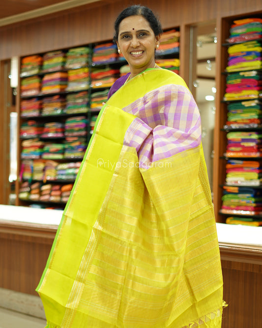 Lavender Checked Gadwal Silk Cotton - PD1426