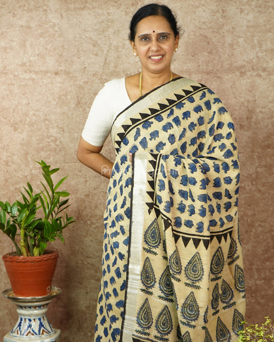 Blue Mustard Blockprint Linen - PD270