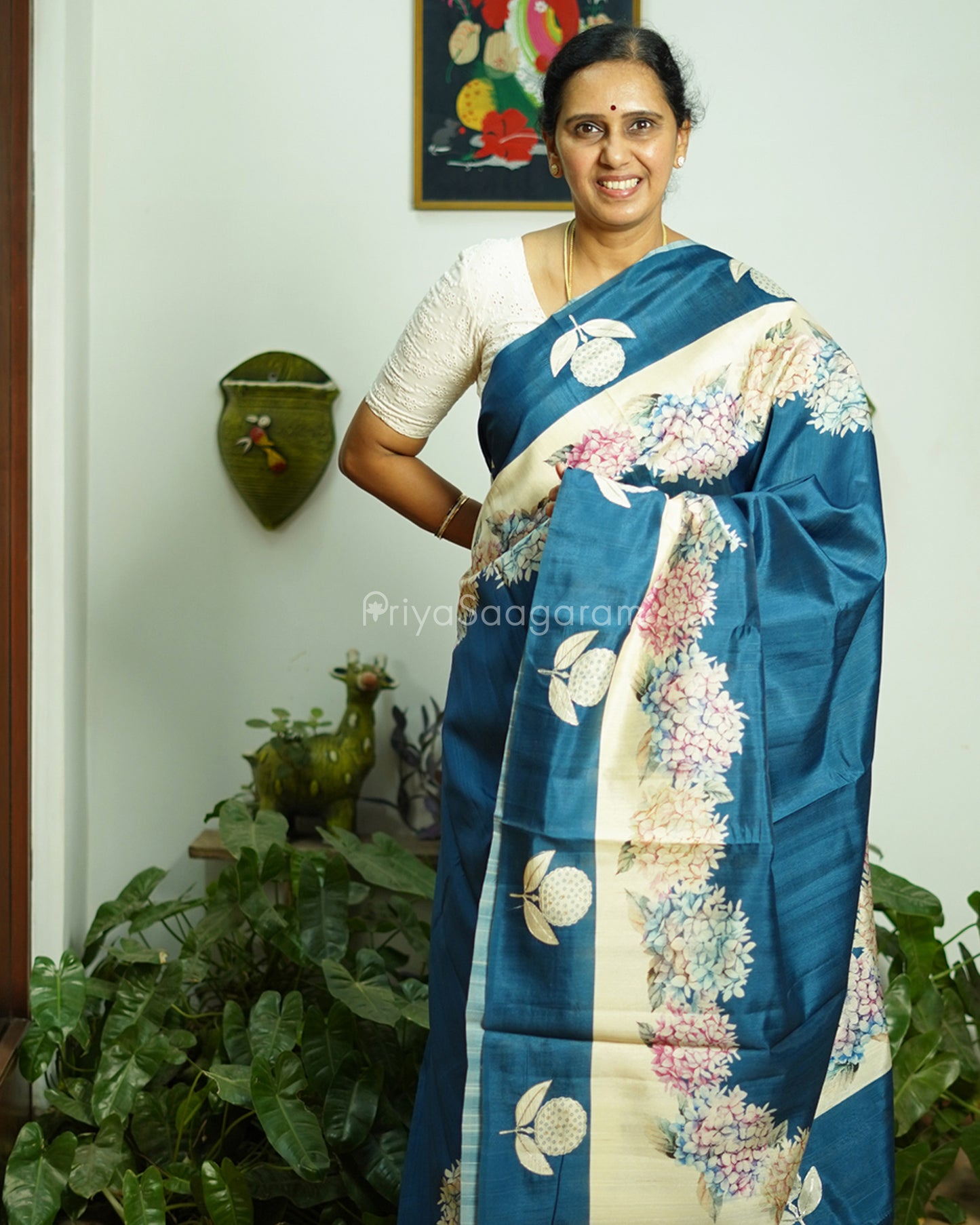 Cobalt Blue Floral Embroidery Tussar - PD799