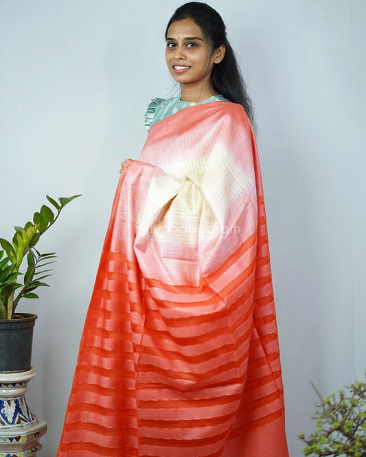 Cream Peach Red Tussar Organza - PD1216