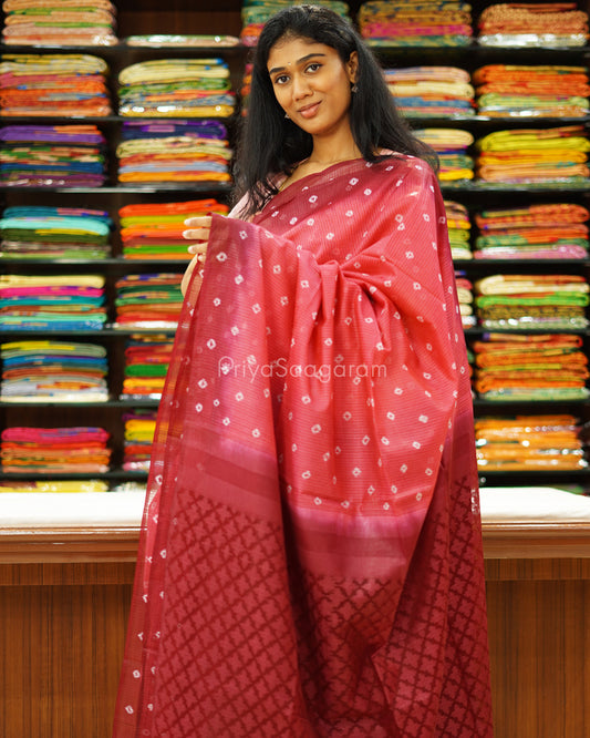 Pink and Maroon Bandhini Tussar Organza - PD1200