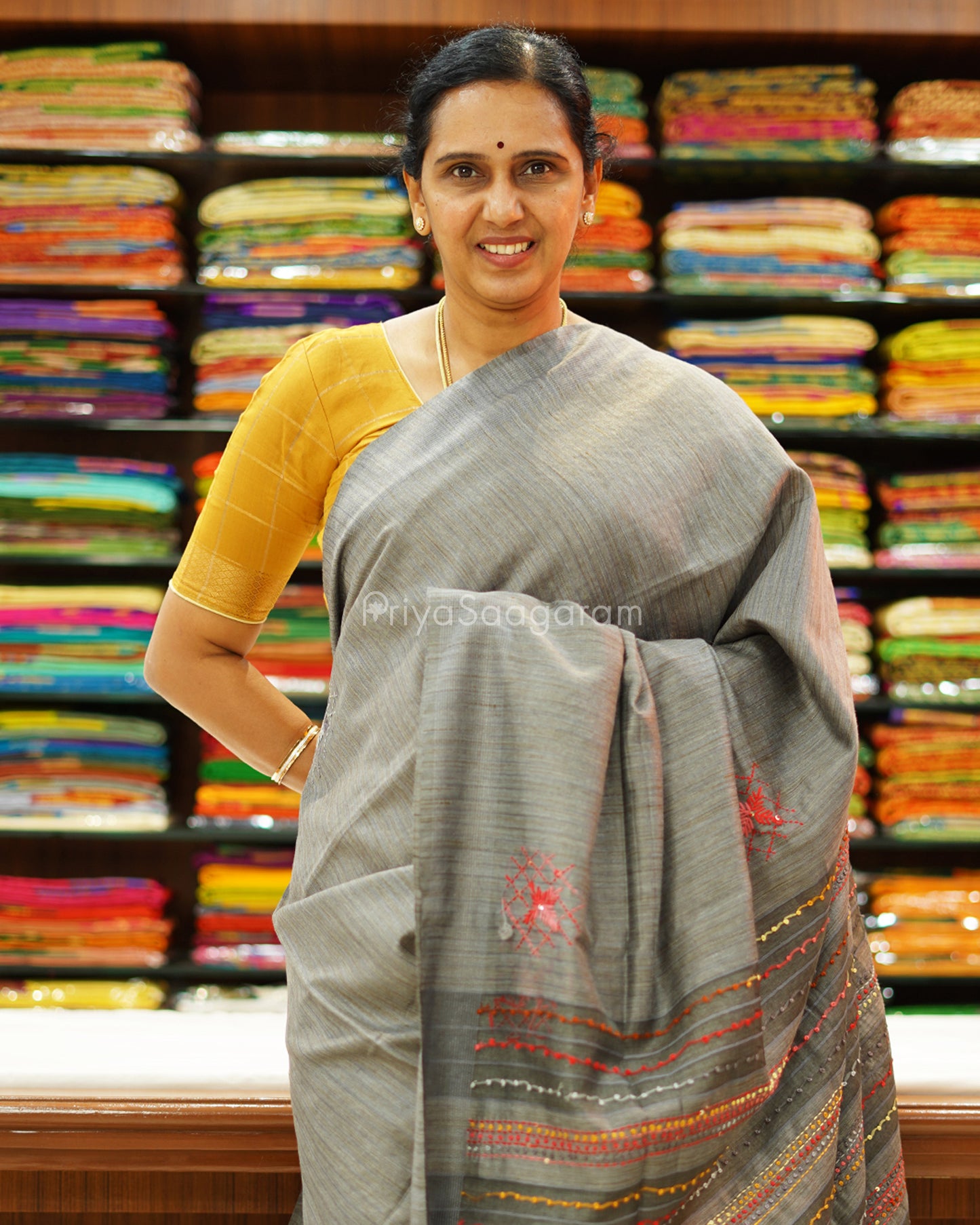 Dark Grey Multicolor Embroidery Tussar - PD1388
