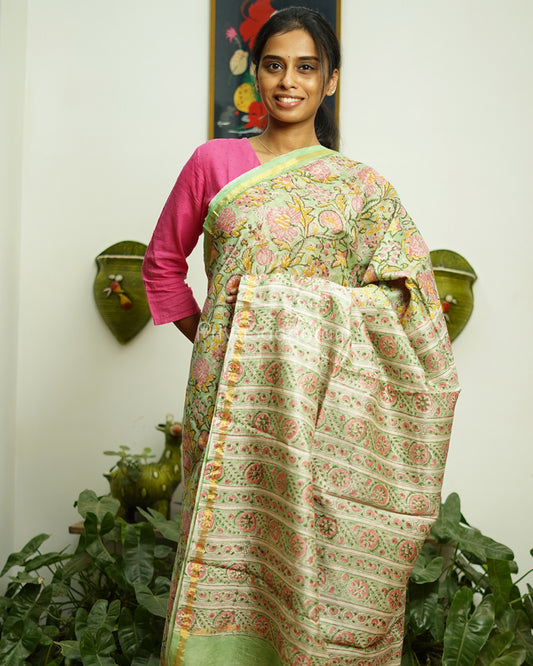 Green Floral Blockprint Chanderi - PD368